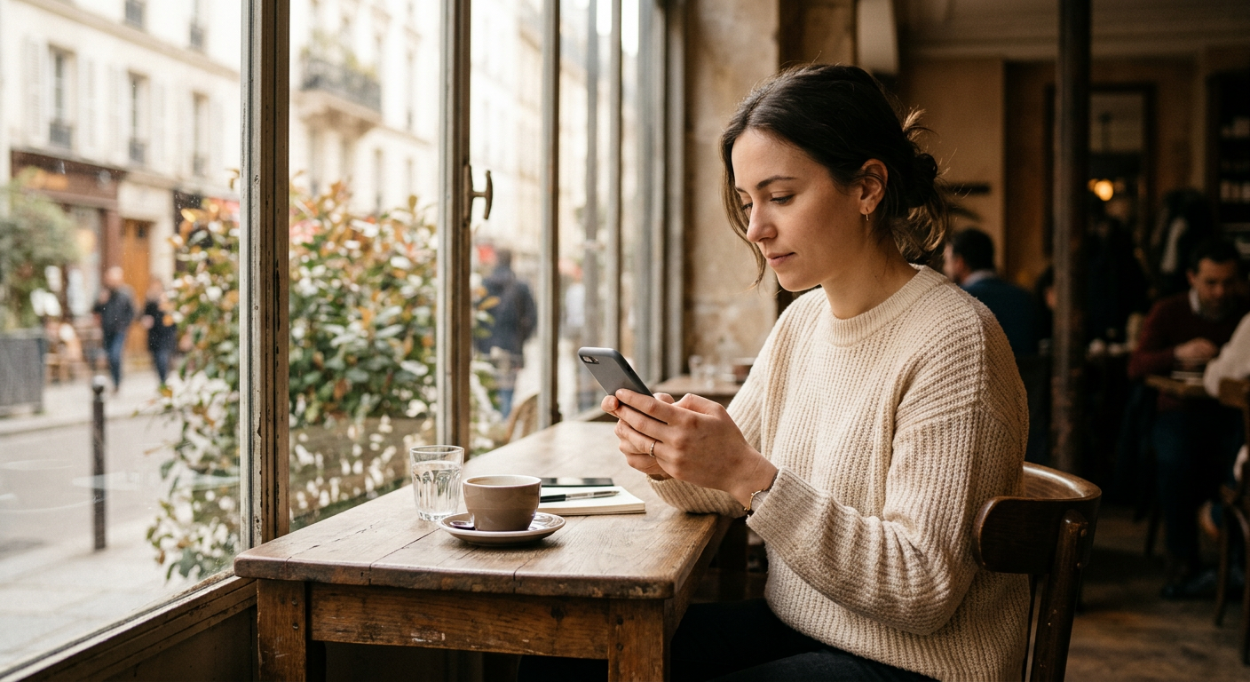 Personne consultant son téléphone dans un café